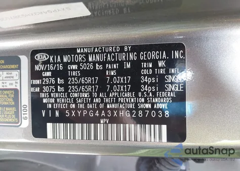 2017 Kia Sorento 2.4L Lx из США, поврежденный, VIN 5XYPG4A3XHG287038